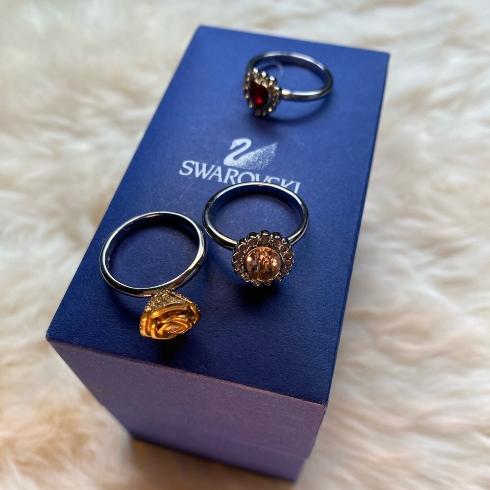 Swarovski 3 ring set - Heart, Rose and flower shape